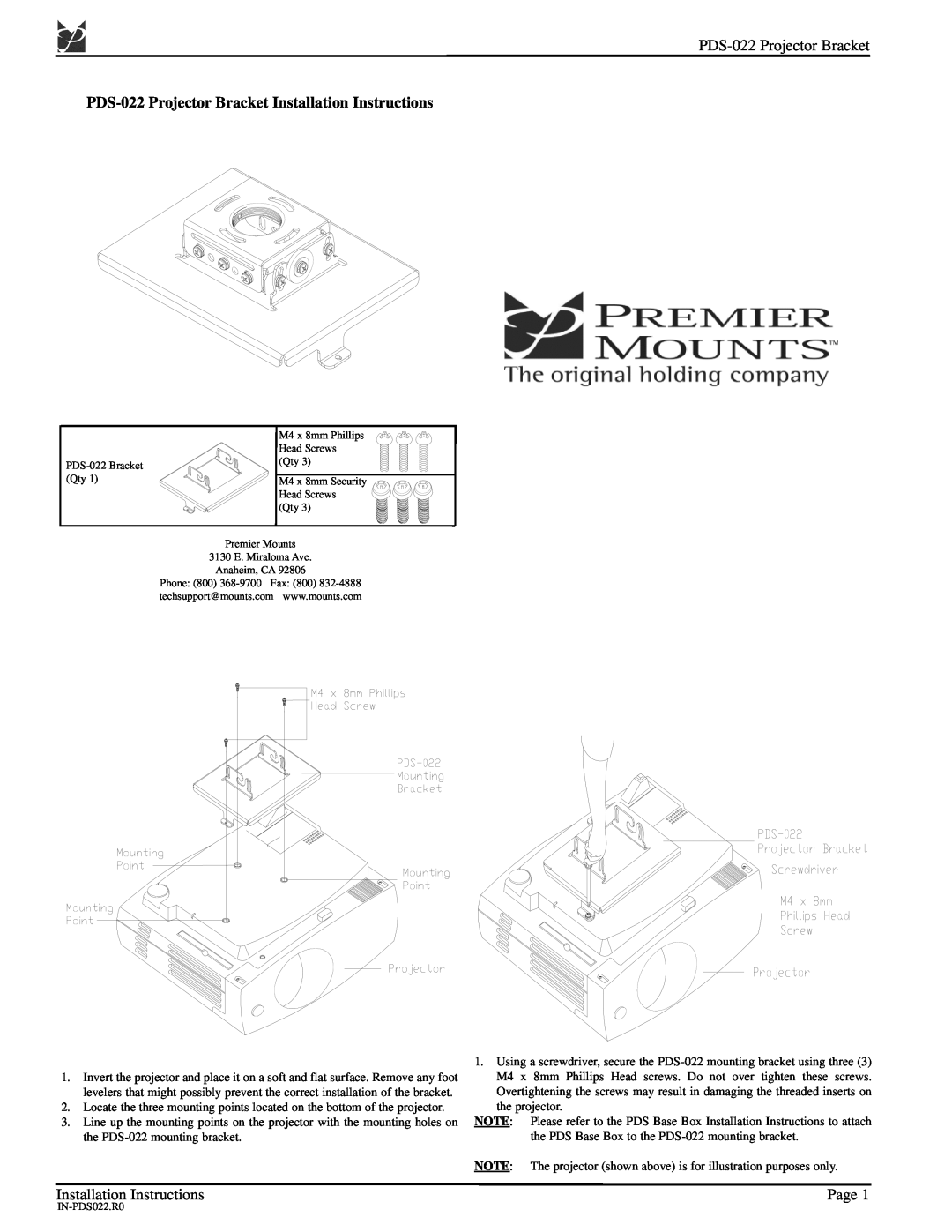 Premier Mounts installation instructions PDS-022Projector Bracket, Installation Instructions, Page 