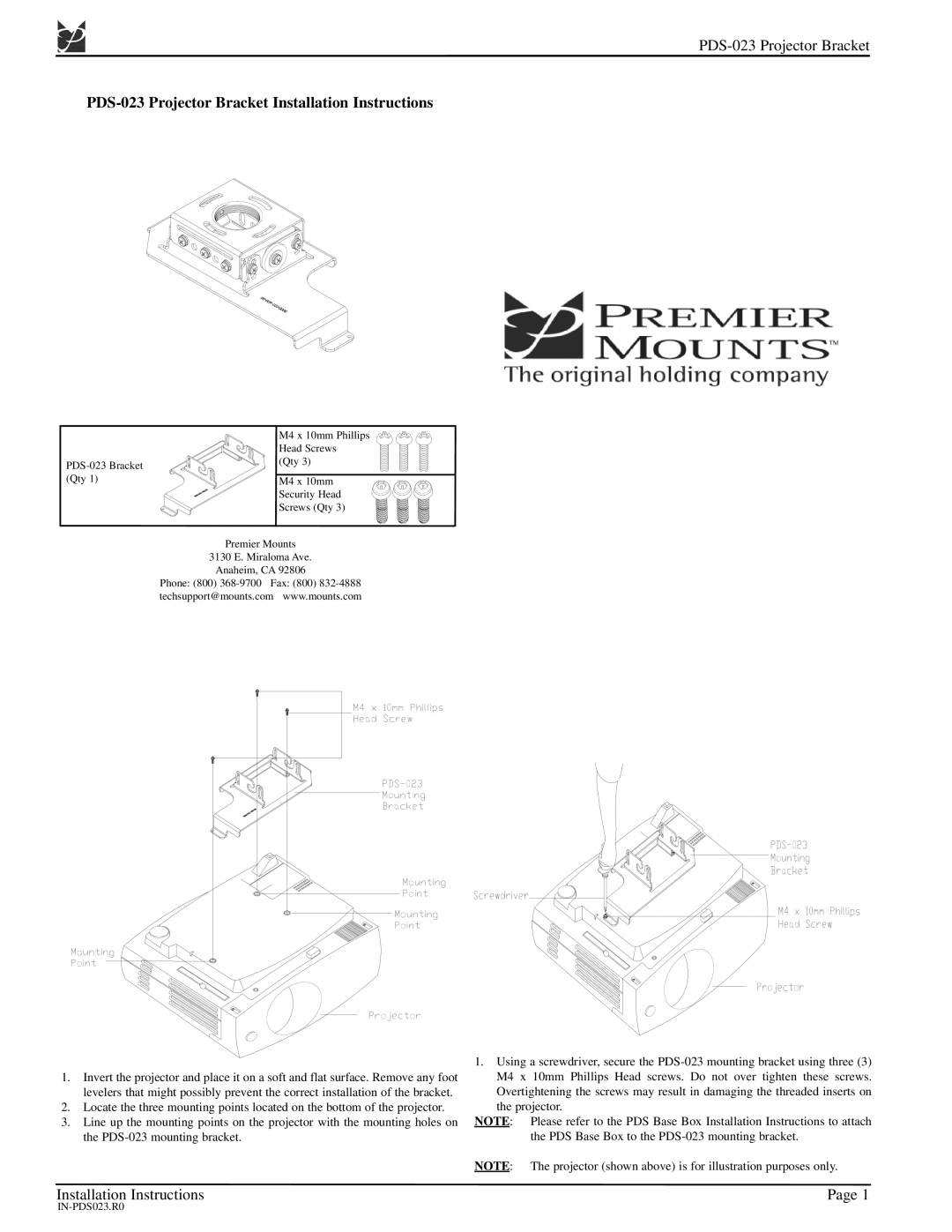 Premier Mounts installation instructions PDS-023 Projector Bracket Installation Instructions 