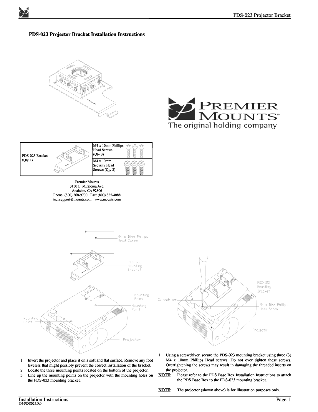 Premier Mounts installation instructions PDS-023 Projector Bracket Installation Instructions, Page 