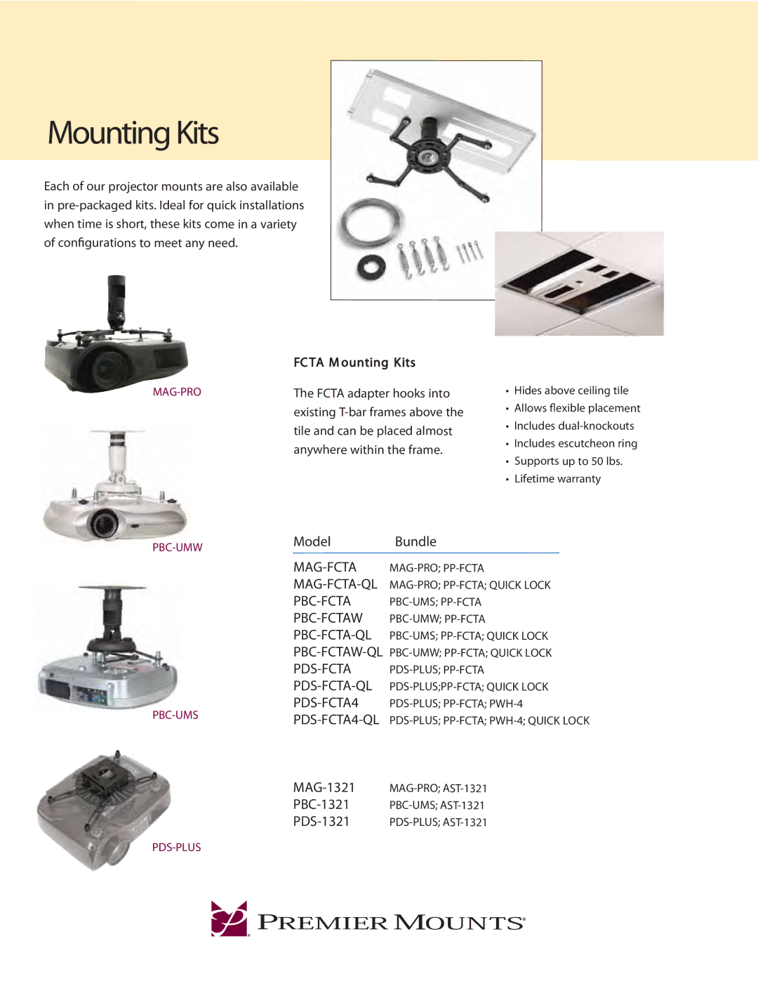 Premier Mounts MAG-FCTA, PBC-FCTA-QL, PDS-FCTA4 warranty Mounting Kits, Model Bundle, MAG-1321, PBC-1321, PDS-1321 