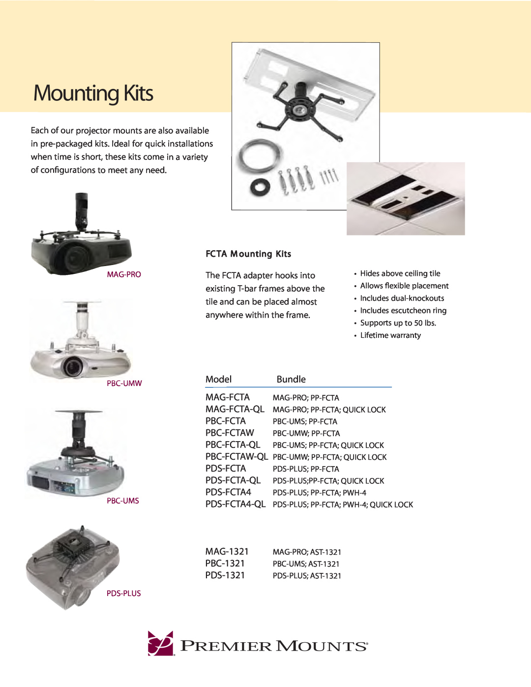 Premier Mounts MAG-FCTA warranty Mounting Kits, Model, Bundle, MAG-1321, PBC-1321, PDS-1321, FC TA M ounting Kits, Mag-Pro 