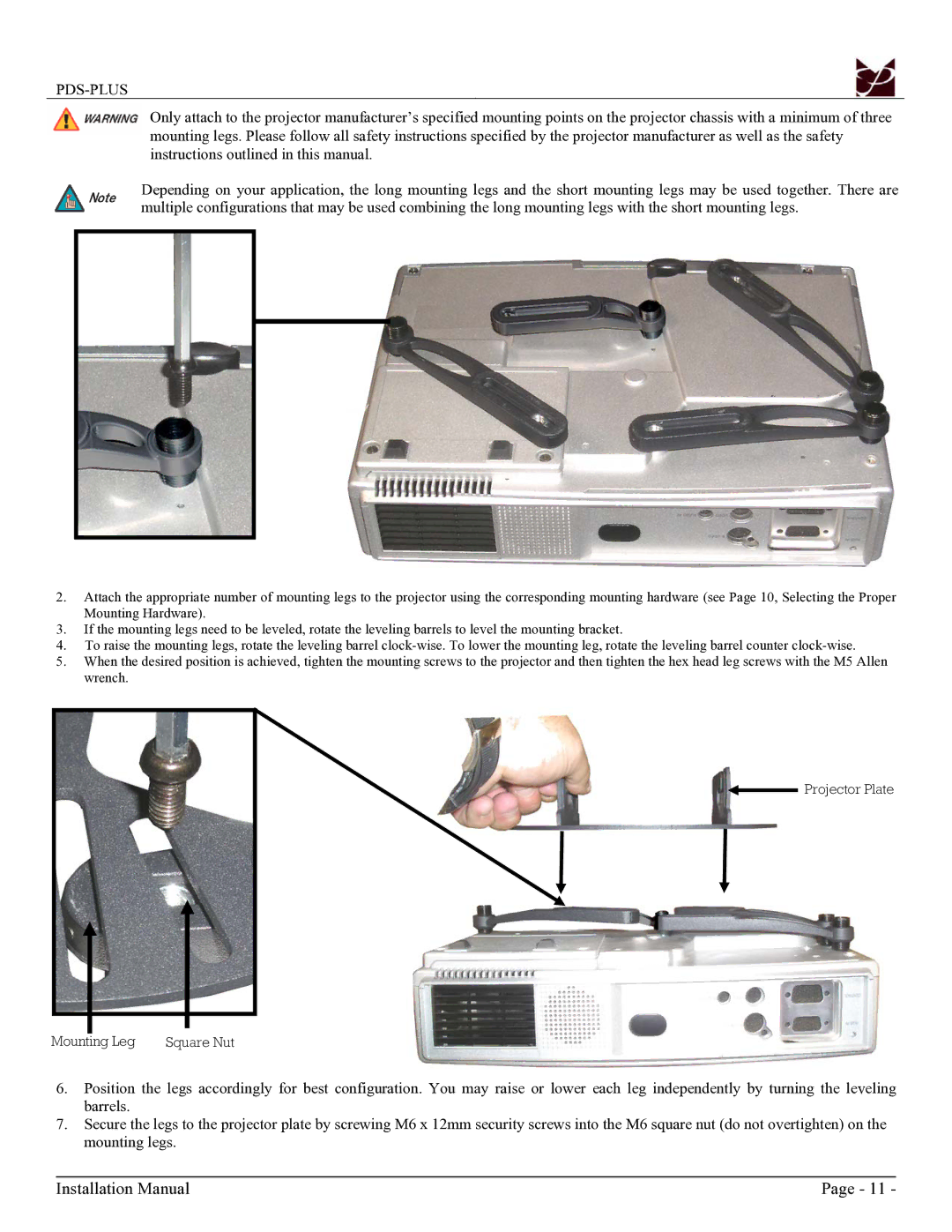 Premier Mounts PDS-PLUS installation manual Mounting Leg Square Nut 