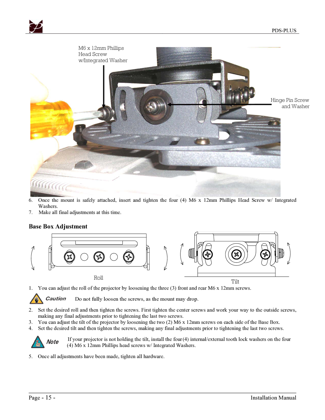 Premier Mounts PDS-PLUS installation manual Base Box Adjustment, RollTilt 