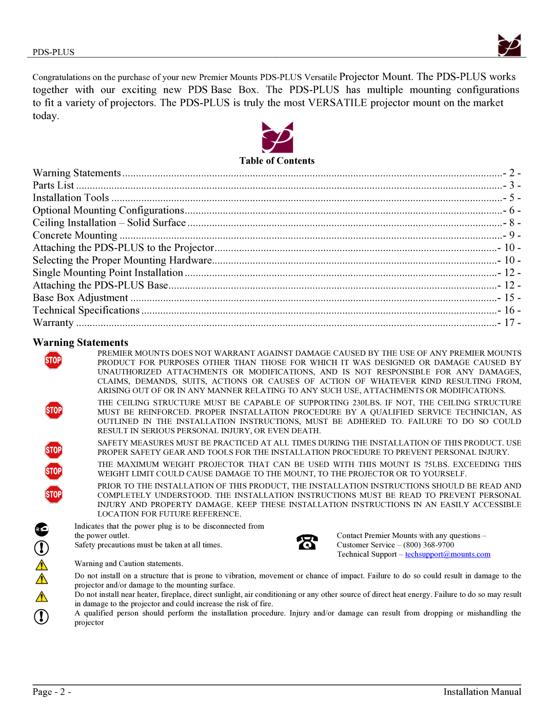 Premier Mounts PDS-PLUS installation manual Installation Manual 