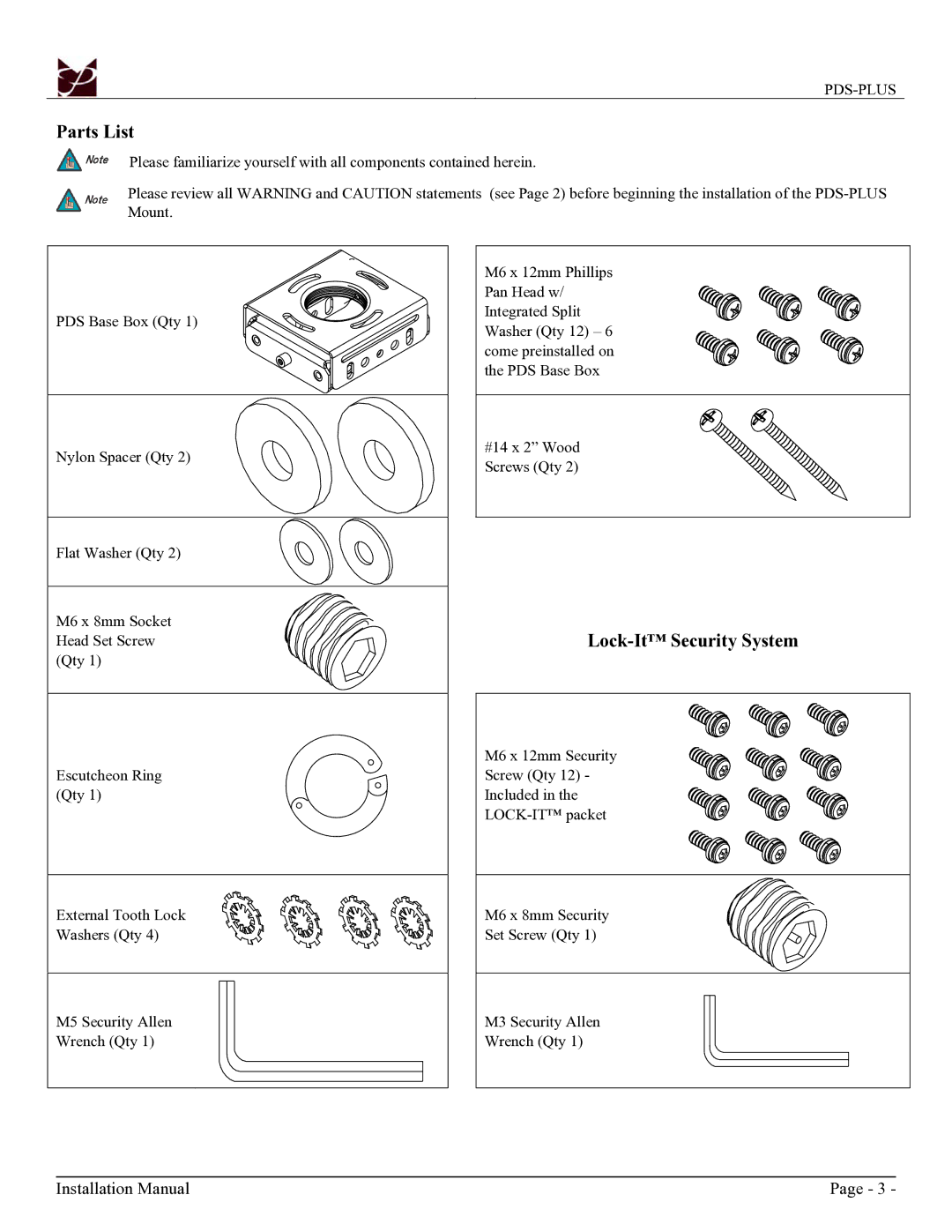 Premier Mounts PDS-PLUS installation manual Parts List, Lock-It Security System 