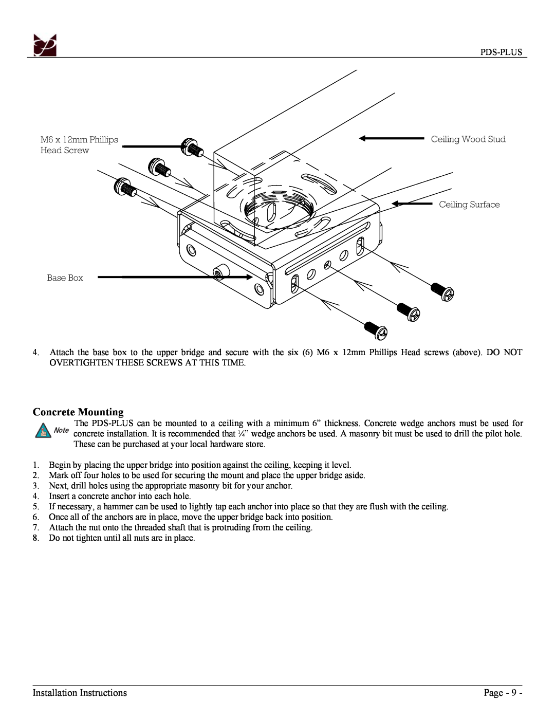 Premier Mounts PDS-PLUS installation manual Concrete Mounting, Installation Instructions, Page 