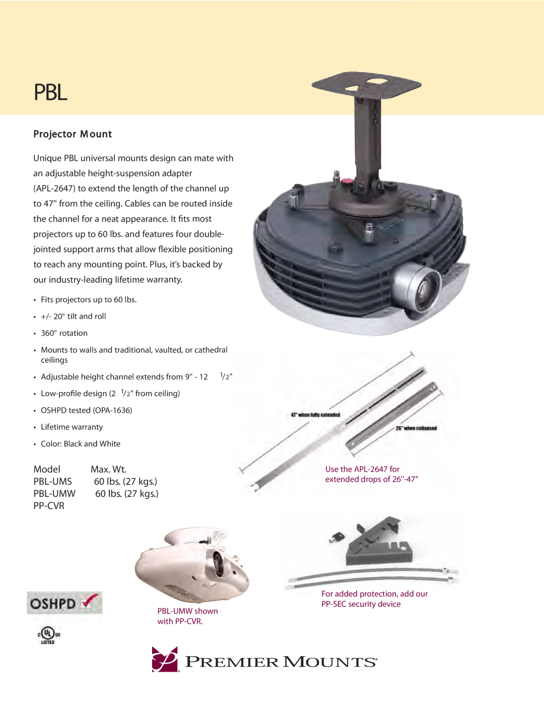 Premier Mounts PP-CVR warranty Model Max. Wt, Pbl-Ums, Pbl-Umw, Pp-Cvr 