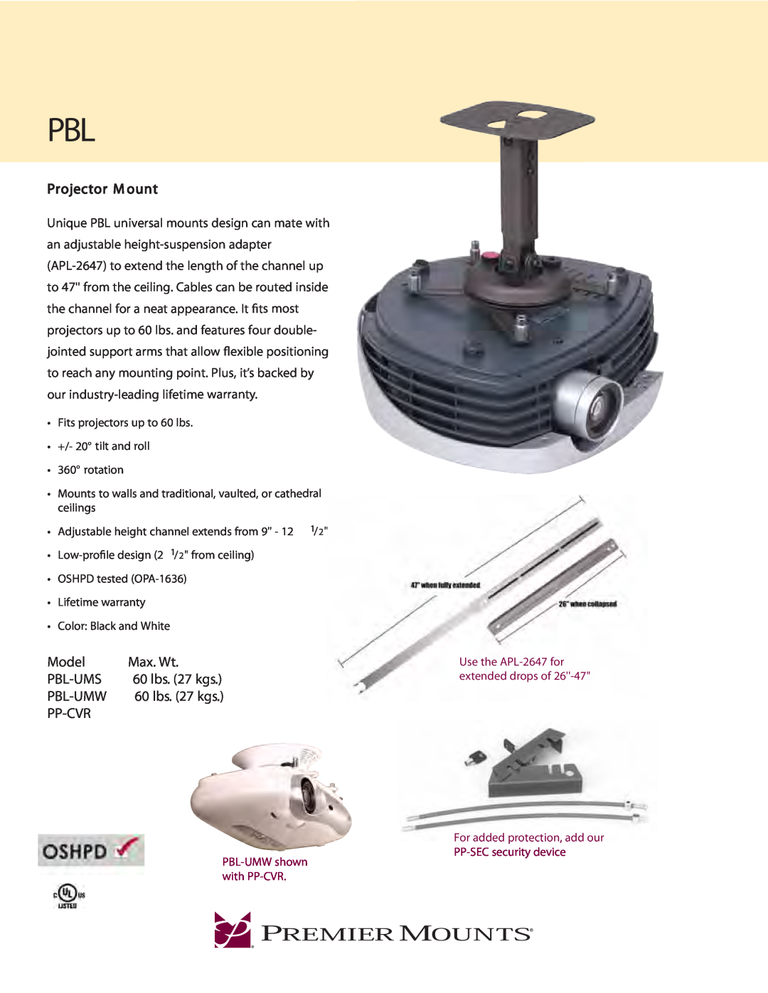 Premier Mounts warranty Projector M ount, Model, Max. Wt, Pbl-Ums, Pbl-Umw, Pp-Cvr, PBL-UMWshown, with PP-CVR 