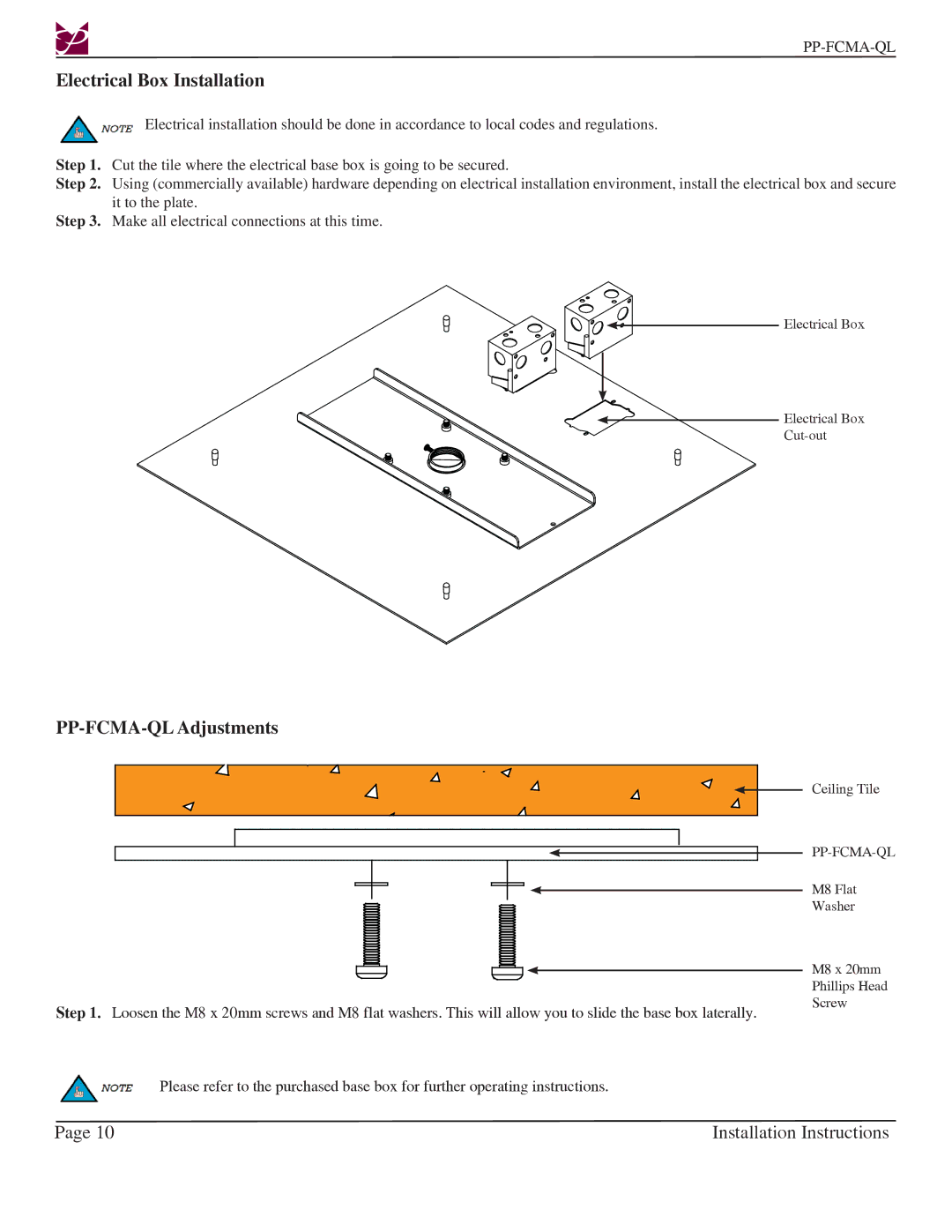 Premier Mounts installation instructions Electrical Box Installation, PP-FCMA-QL Adjustments 