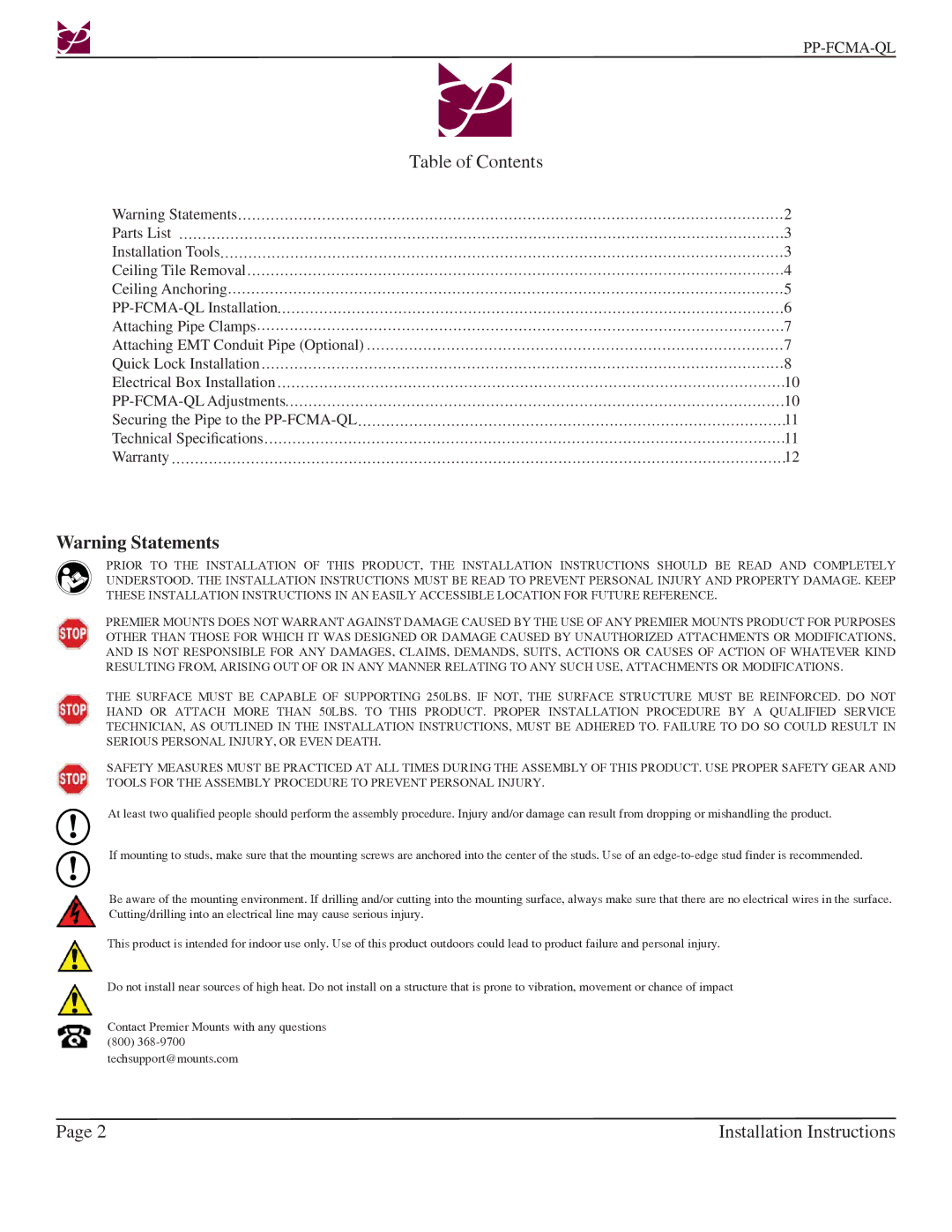 Premier Mounts PP-FCMA-QL installation instructions Installation Instructions 