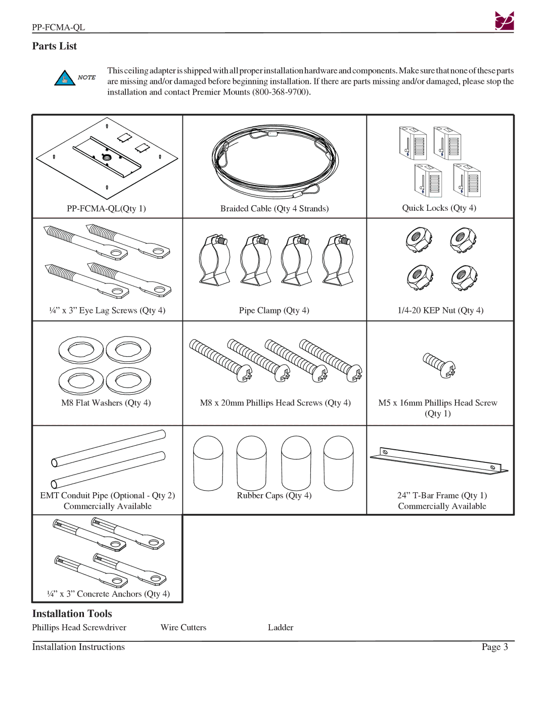 Premier Mounts PP-FCMA-QL installation instructions Parts List, Installation Tools 