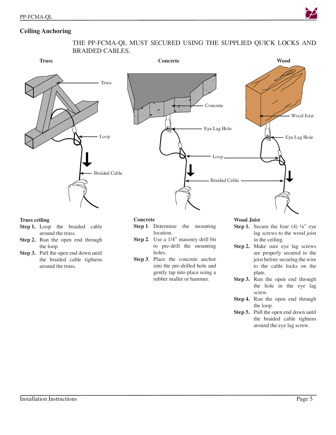 Premier Mounts PP-FCMA-QL installation instructions Ceiling Anchoring, Truss Concrete Wood, Truss ceiling, Wood Joist 