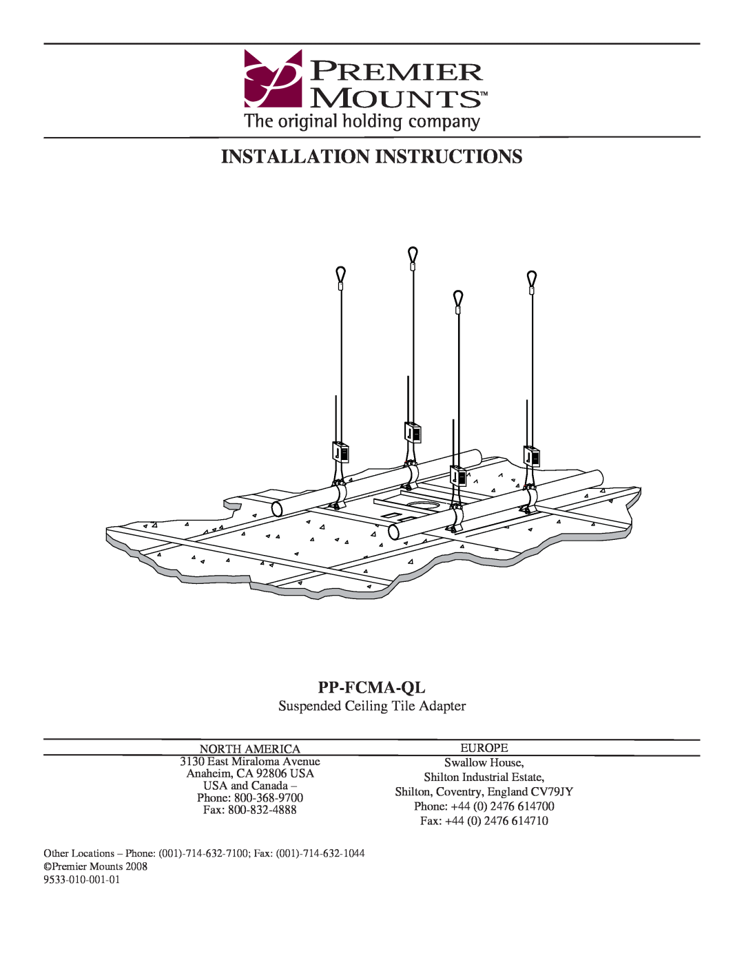 Premier Mounts PP-FCMA-QL installation instructions Installation Instructions, Pp-Fcma-Ql 