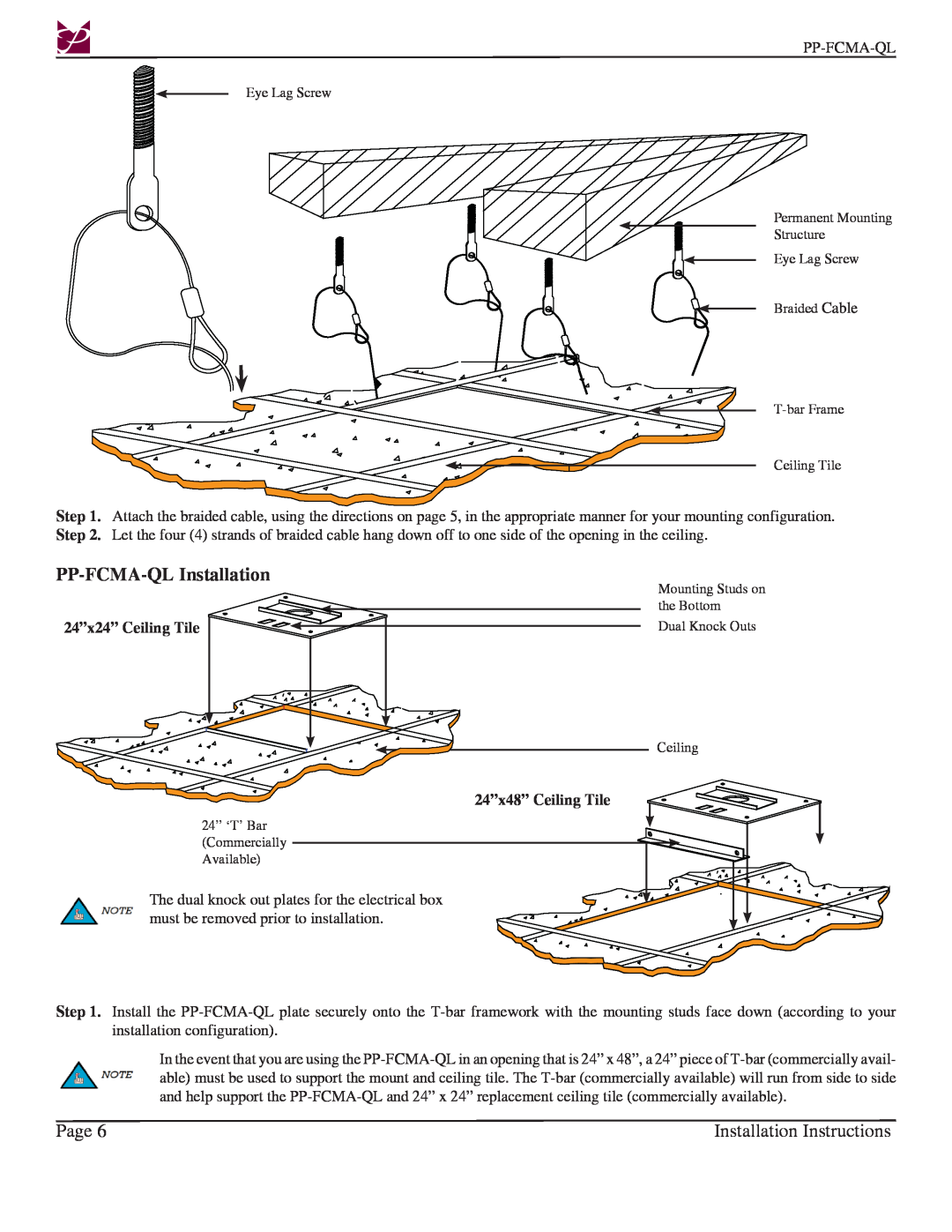 Premier Mounts installation instructions PP-FCMA-QLInstallation, 24”x24” Ceiling Tile, 24”x48” Ceiling Tile 