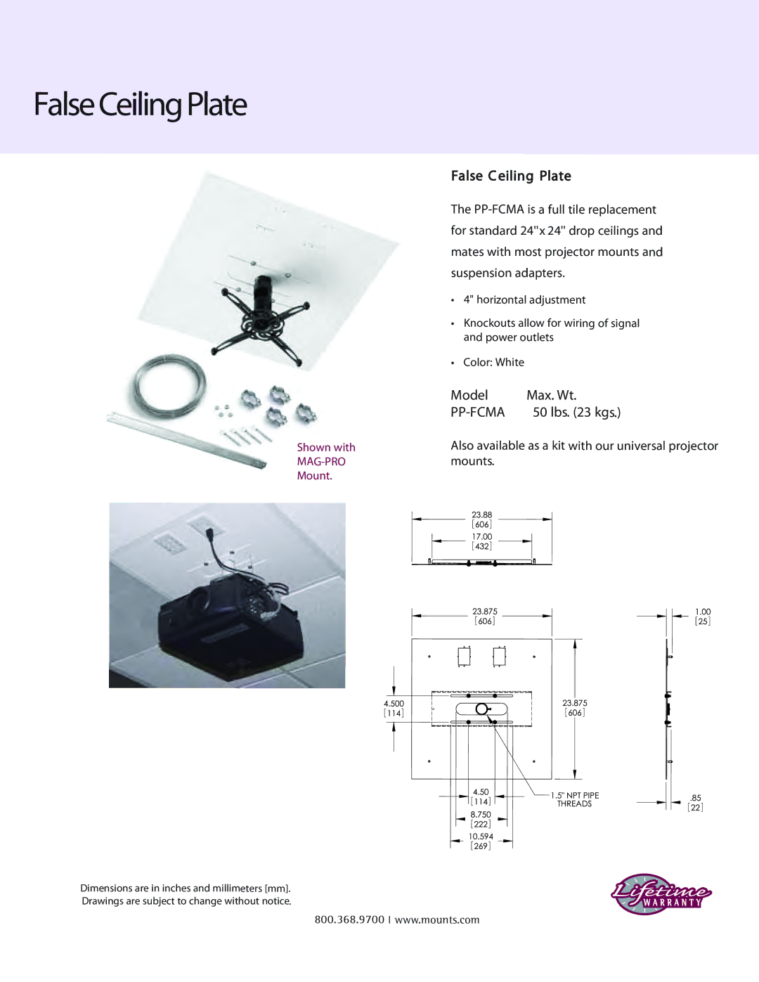 Premier Mounts MAG-PRO, PP-FCTA, PP-FCMA manual False Ceiling Plate, False C eiling Plate, Model Max. Wt, Pp-Fcma, Lbs kgs 