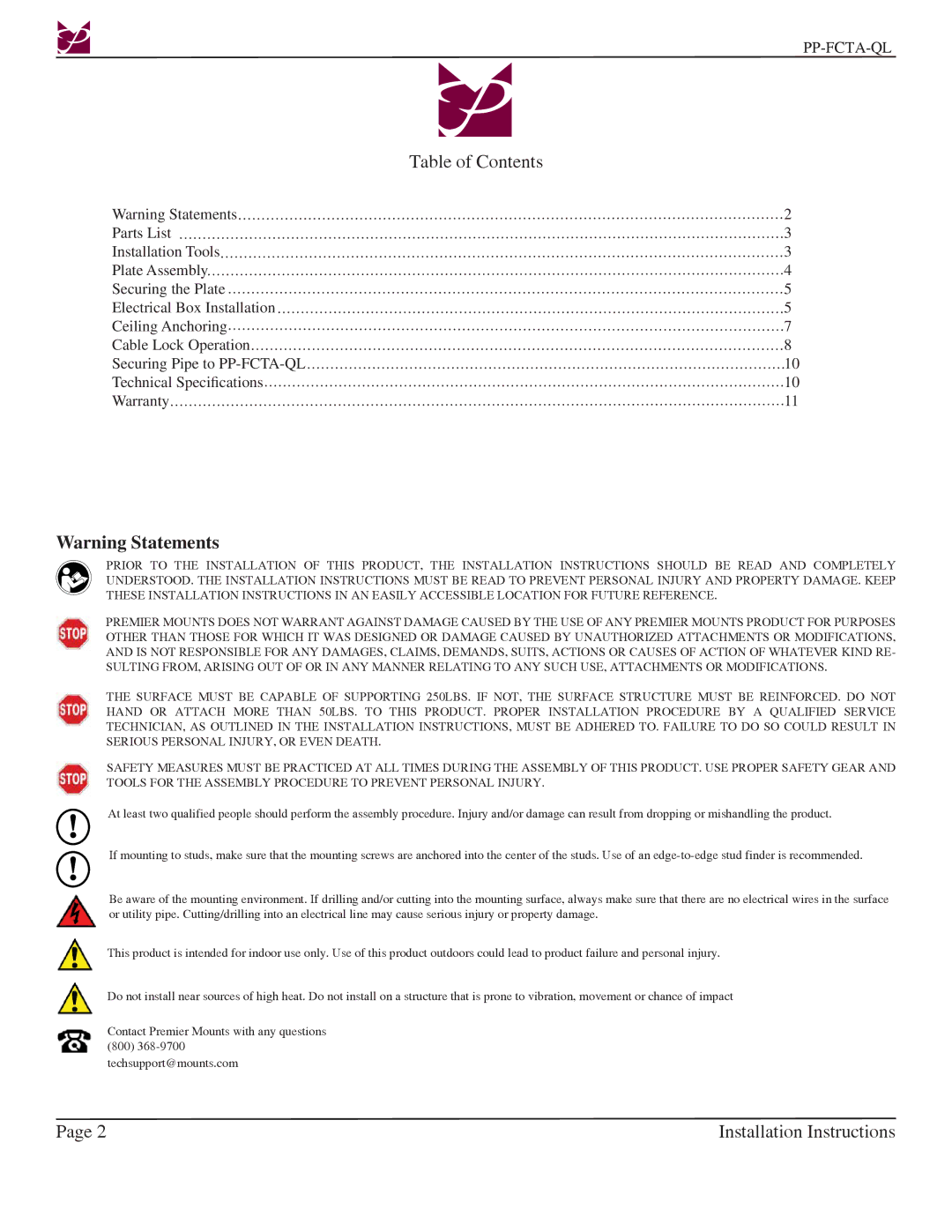 Premier Mounts PP-FCTA-QL installation instructions Installation Instructions 