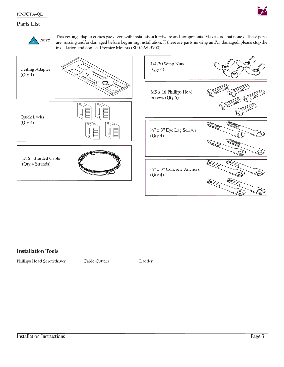 Premier Mounts PP-FCTA-QL installation instructions Parts List, Installation Tools 