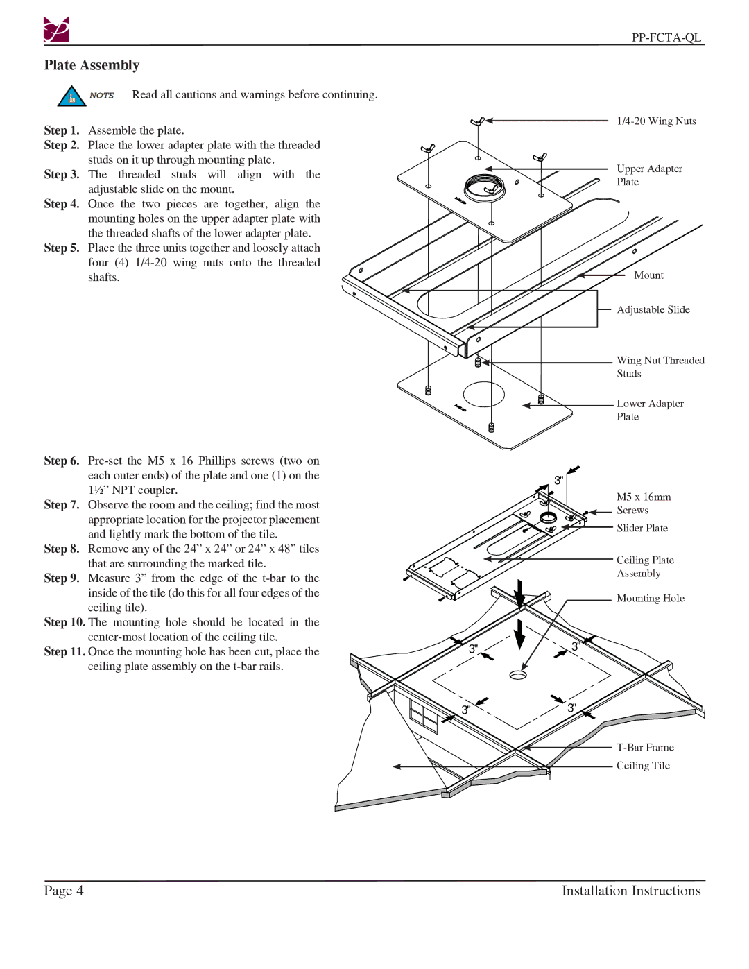 Premier Mounts PP-FCTA-QL installation instructions Plate Assembly 