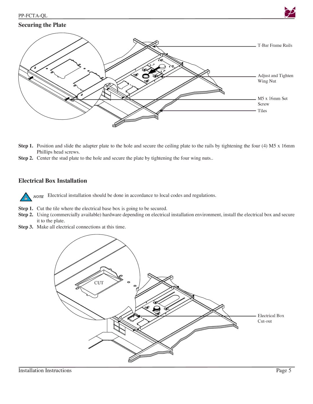 Premier Mounts PP-FCTA-QL installation instructions Securing the Plate, Electrical Box Installation 