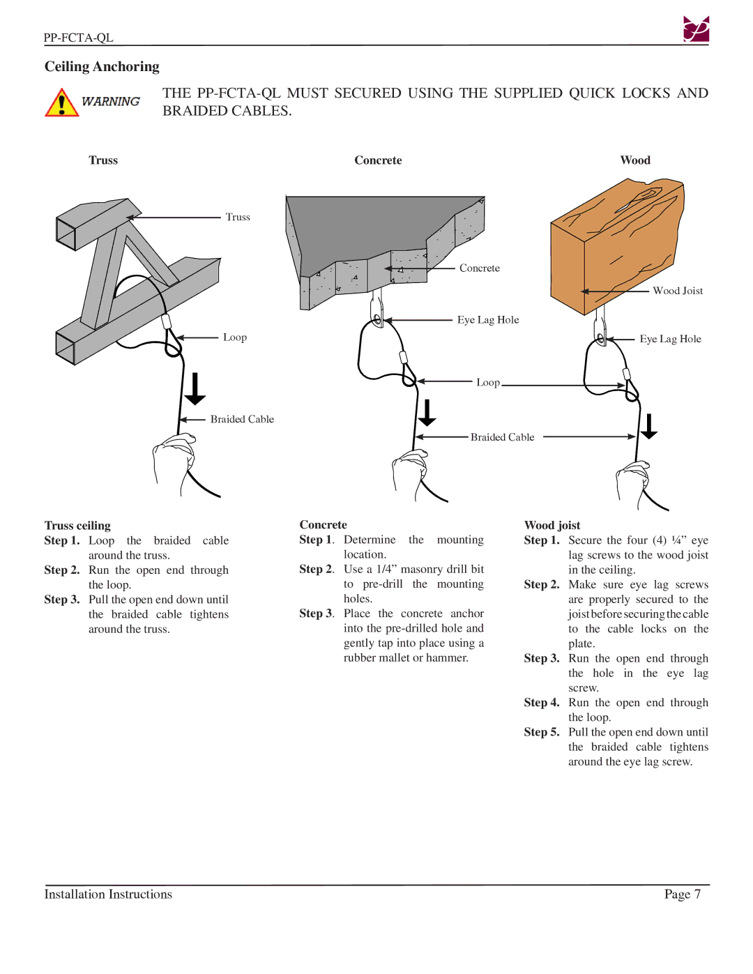 Premier Mounts PP-FCTA-QL installation instructions Ceiling Anchoring, Truss ceiling 