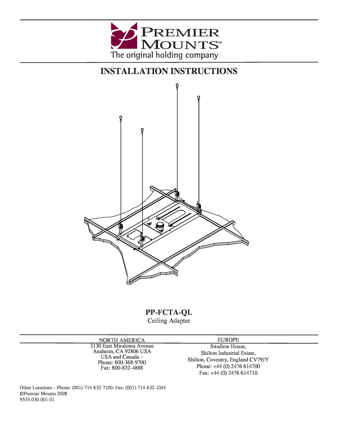 Premier Mounts PP-FCTA-QL installation instructions Installation Instructions, Pp-Fcta-Ql 