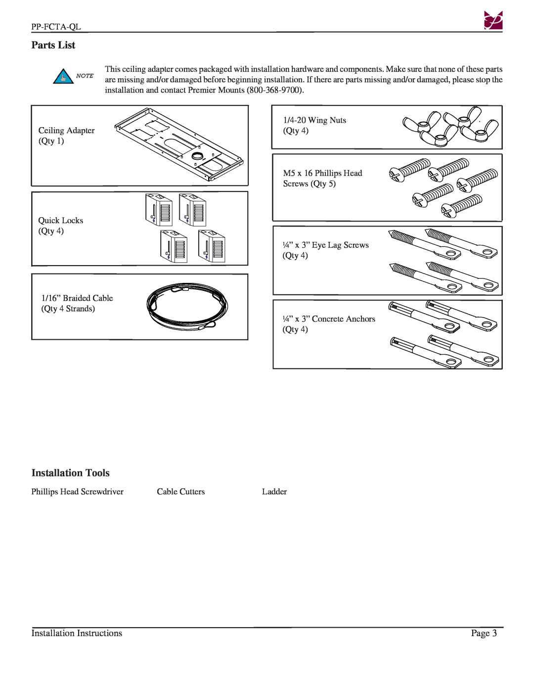 Premier Mounts PP-FCTA-QL installation instructions Parts List, Installation Tools, Installation Instructions, Page 