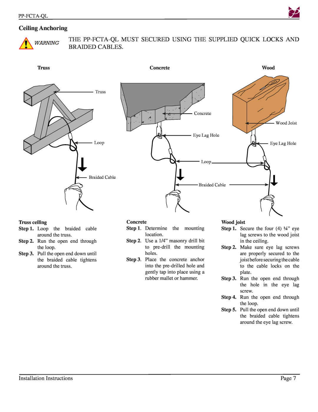 Premier Mounts PP-FCTA-QL Ceiling Anchoring, Installation Instructions, Page, Concrete, Wood, Truss ceiling 
