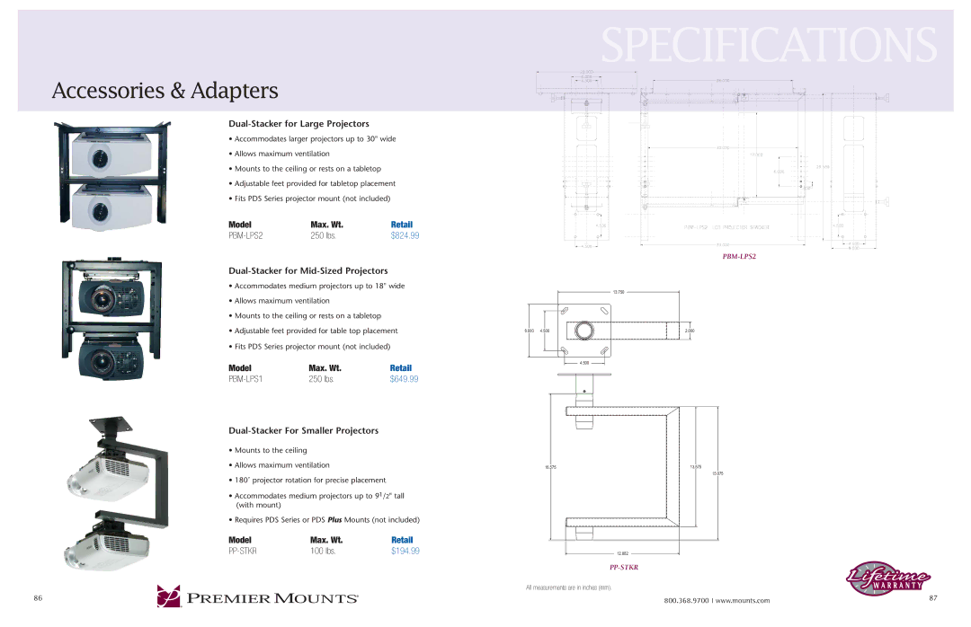 Premier Mounts PBM-LPS1, PP-STKR, PBM-LPS2 specifications Specifications, Accessories & Adapters, Pp-Stkr 