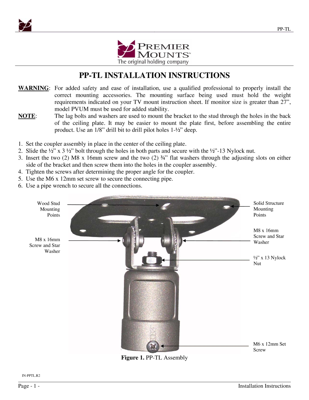 Premier Mounts PVUM installation instructions PP-TL Installation Instructions, PP-TL Assembly 