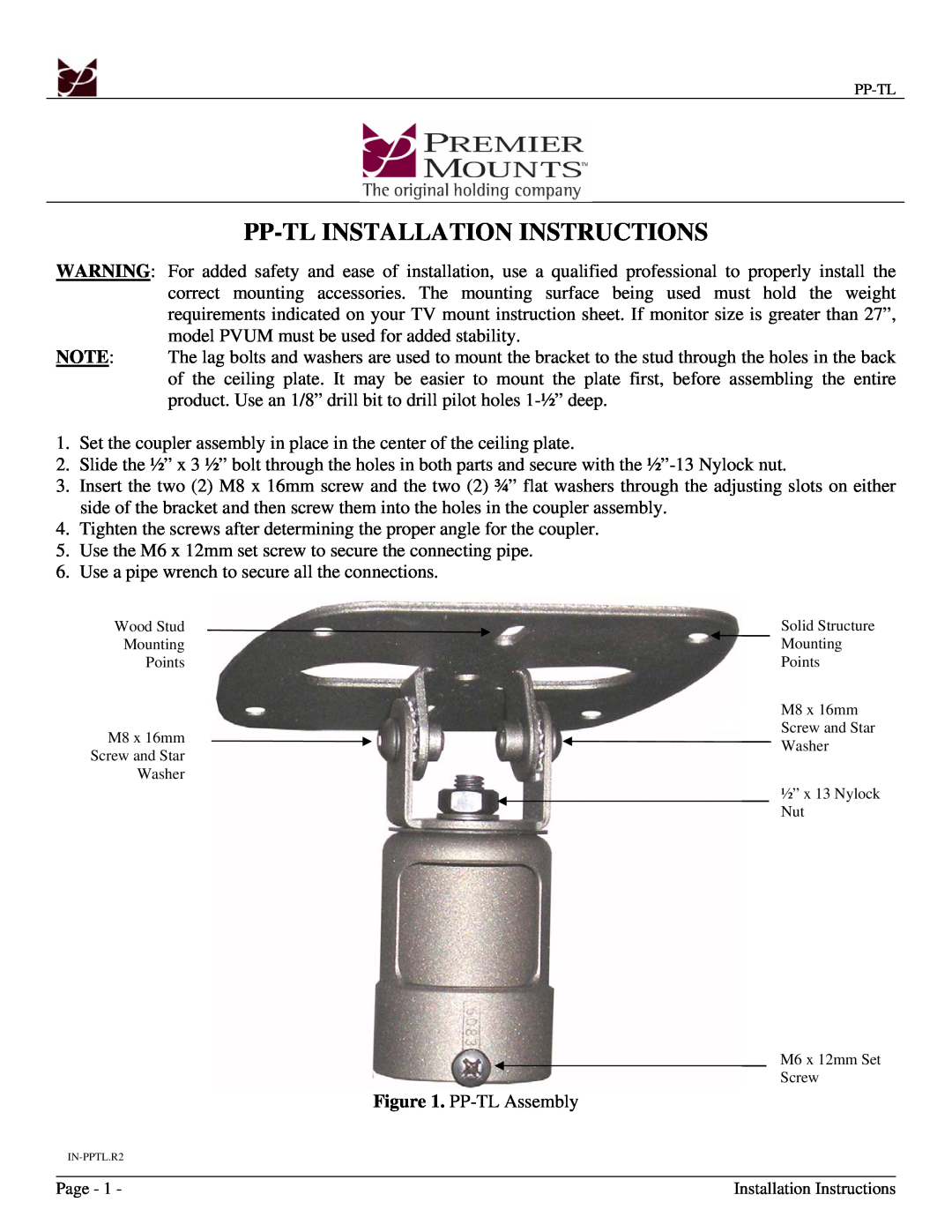 Premier Mounts PVUM, PP-TL installation instructions Pp-Tlinstallation Instructions 