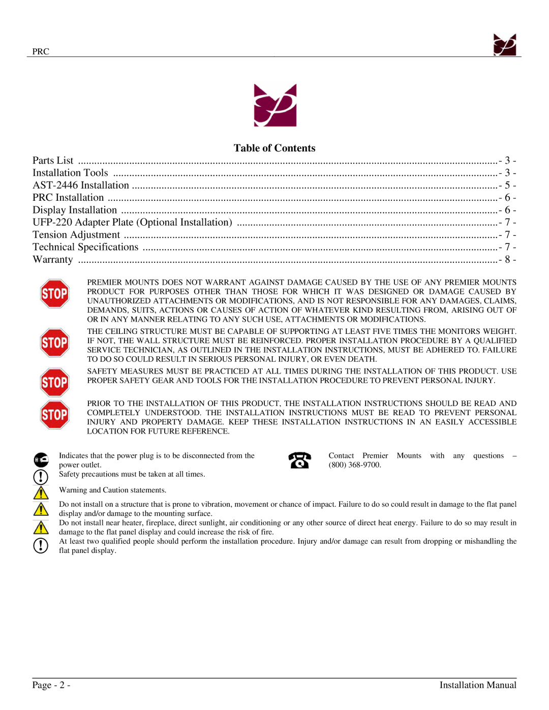 Premier Mounts PRC, 9533-004-001-07 installation instructions Table of Contents 