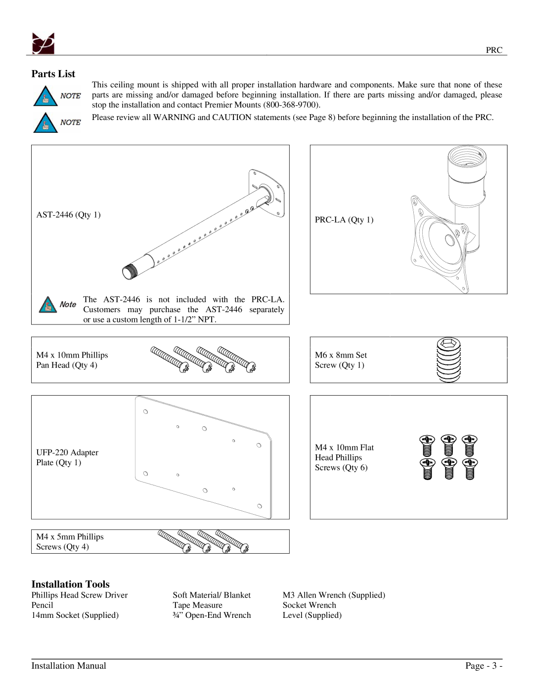 Premier Mounts 9533-004-001-07, PRC installation instructions Parts List, Installation Tools 