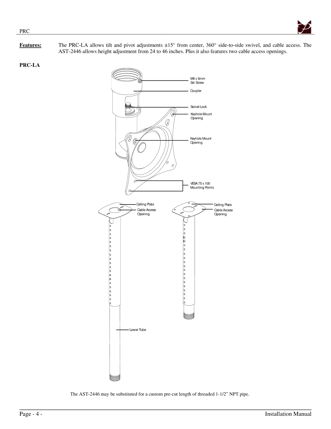 Premier Mounts PRC, 9533-004-001-07 installation instructions Prc-La 