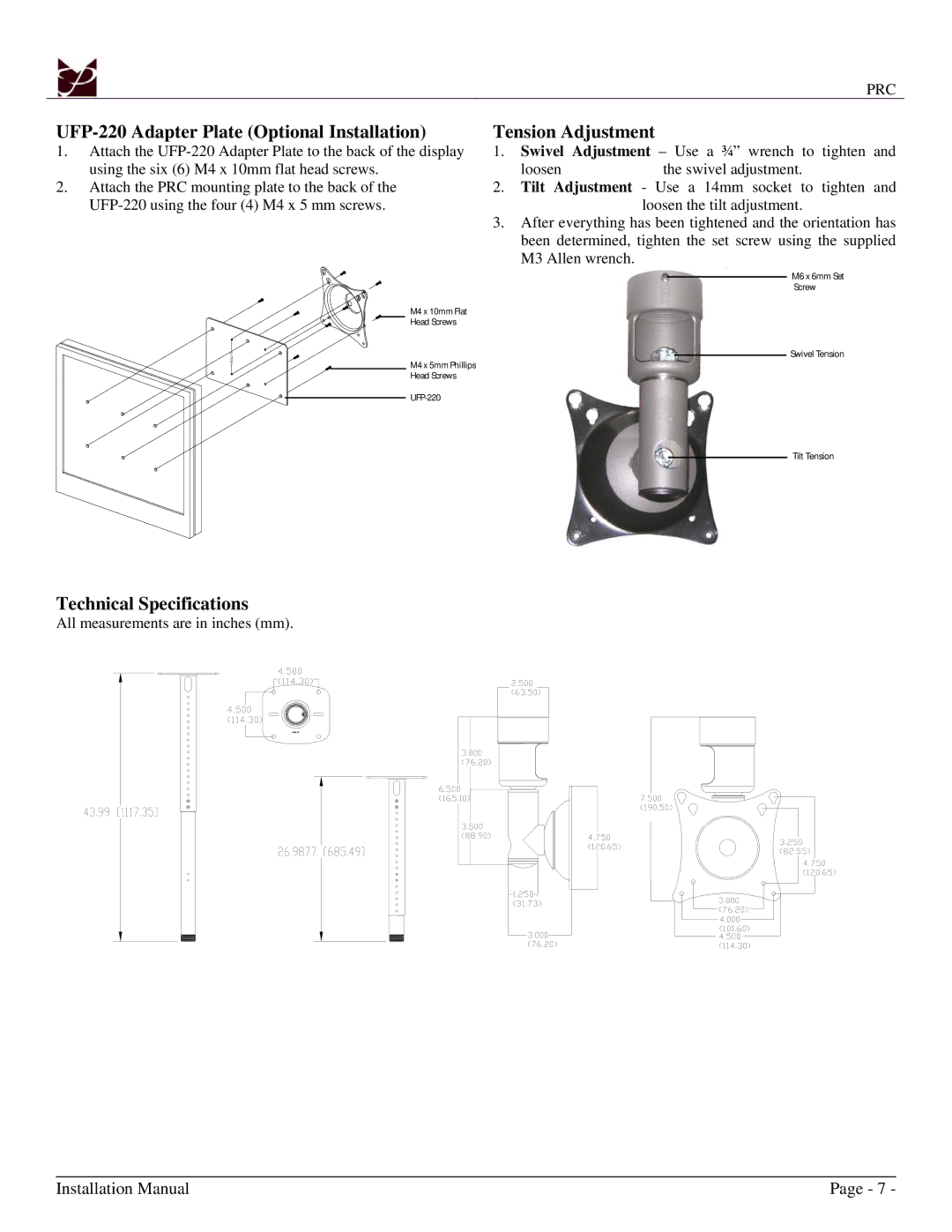 Premier Mounts 9533-004-001-07 UFP-220 Adapter Plate Optional Installation, Tension Adjustment, Technical Specifications 