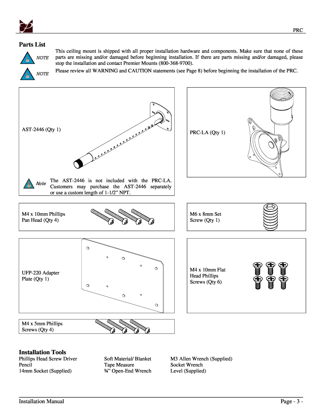 Premier Mounts 9533-004-001-07, PRC installation instructions Parts List, Installation Tools, Installation Manual, Page 
