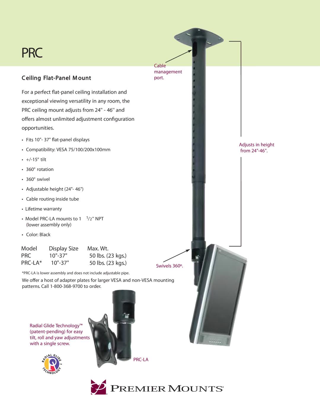 Premier Mounts PRC-LA warranty Model Display Size Max. Wt, Prc-La 