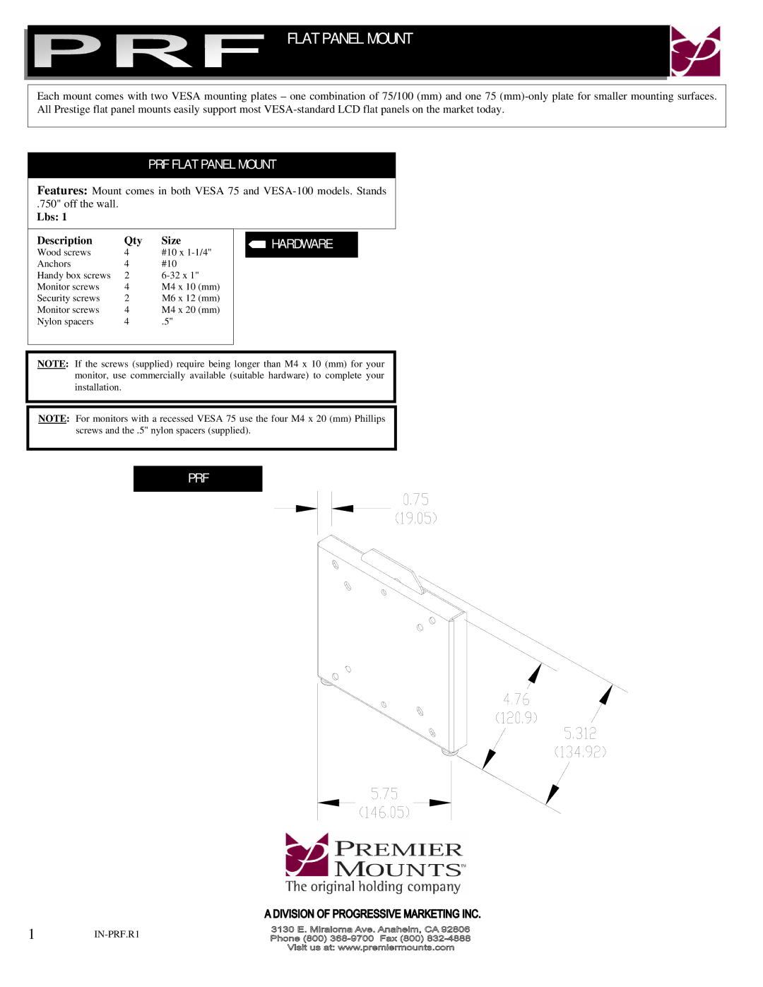 Premier Mounts manual PRF Flat Panel Mount, Hardware, Prf, Lbs Description Qty Size 