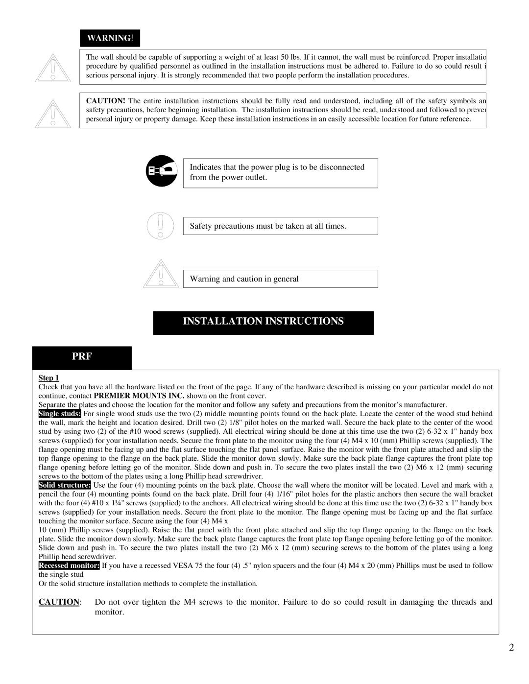 Premier Mounts manual Installation Instructions PRF, Step 