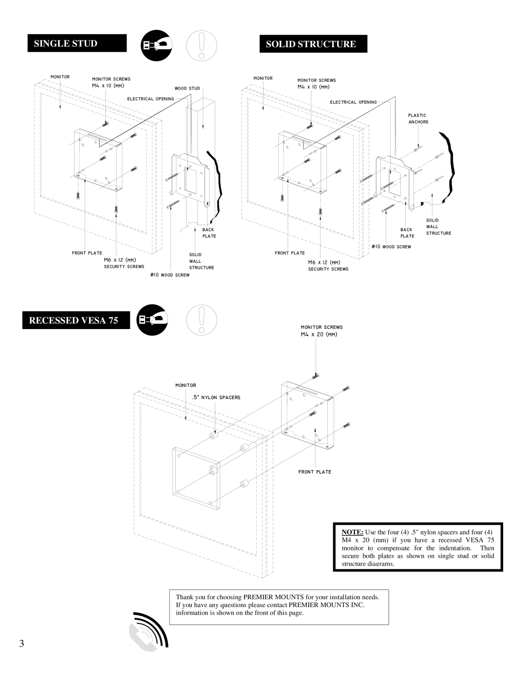 Premier Mounts PRF manual Single Stud, Solid Structure, Recessed Vesa 