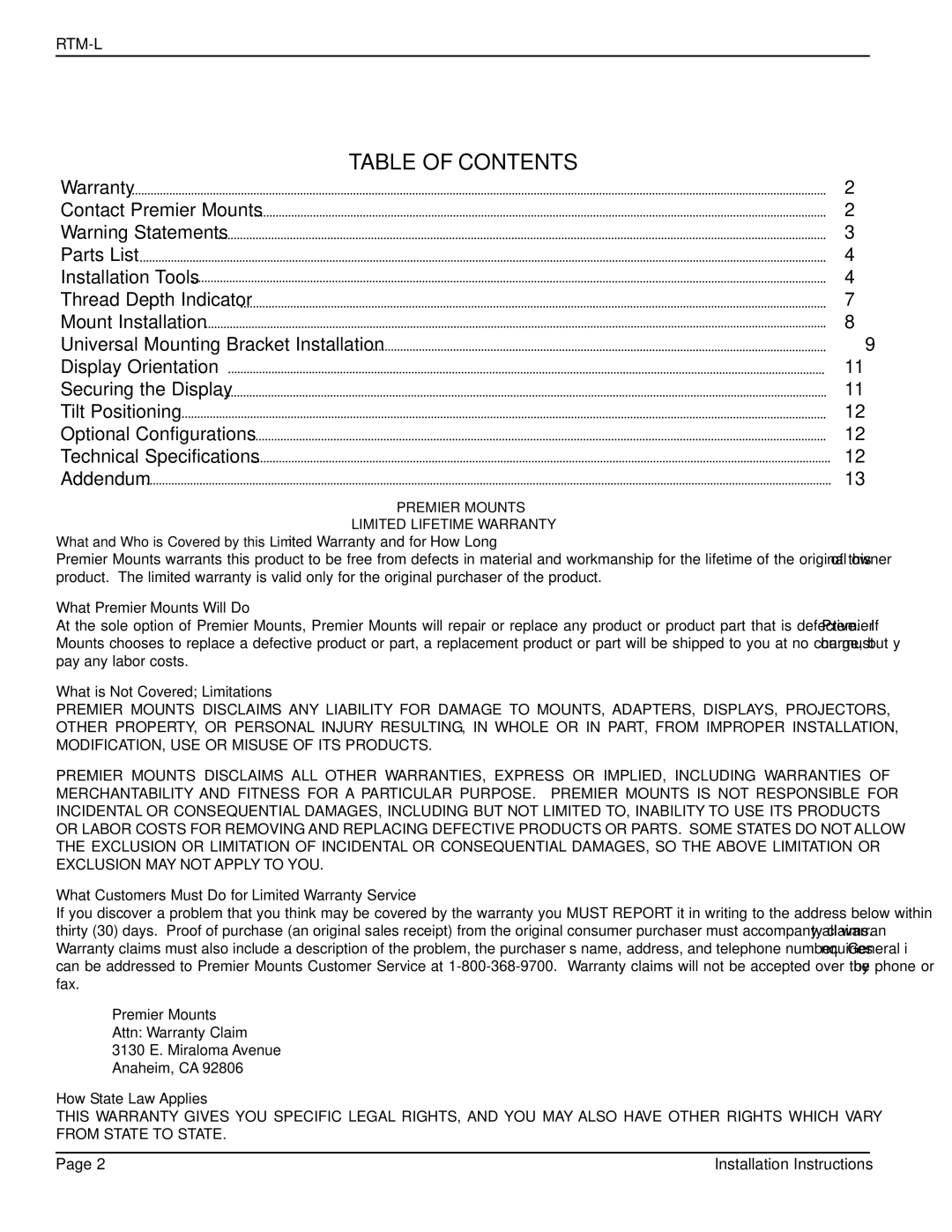 Premier Mounts PSD-BWL installation manual Table of Contents 