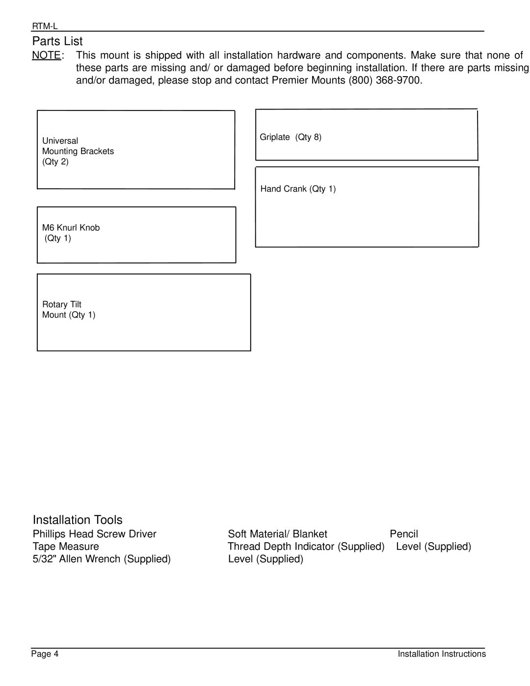 Premier Mounts PSD-BWL installation manual Parts List, Installation Tools 