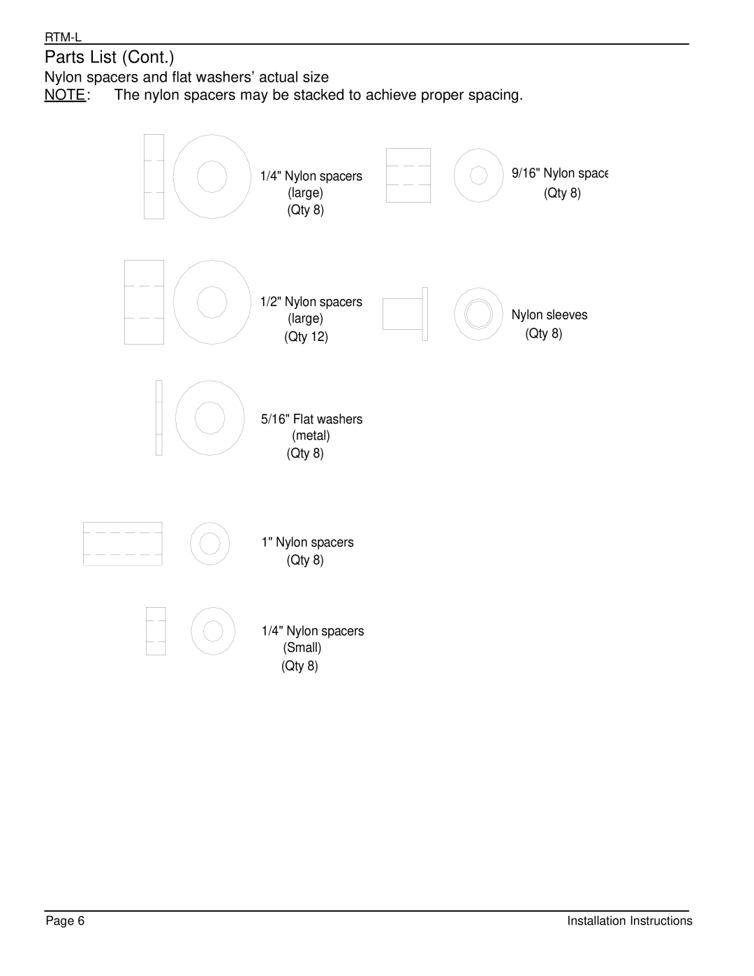 Premier Mounts PSD-BWL installation manual Nylon spacers and flat washers actual size 