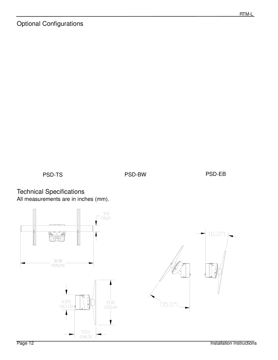 Premier Mounts PSD-BWL installation manual Optional Configurations, Technical Specifications 