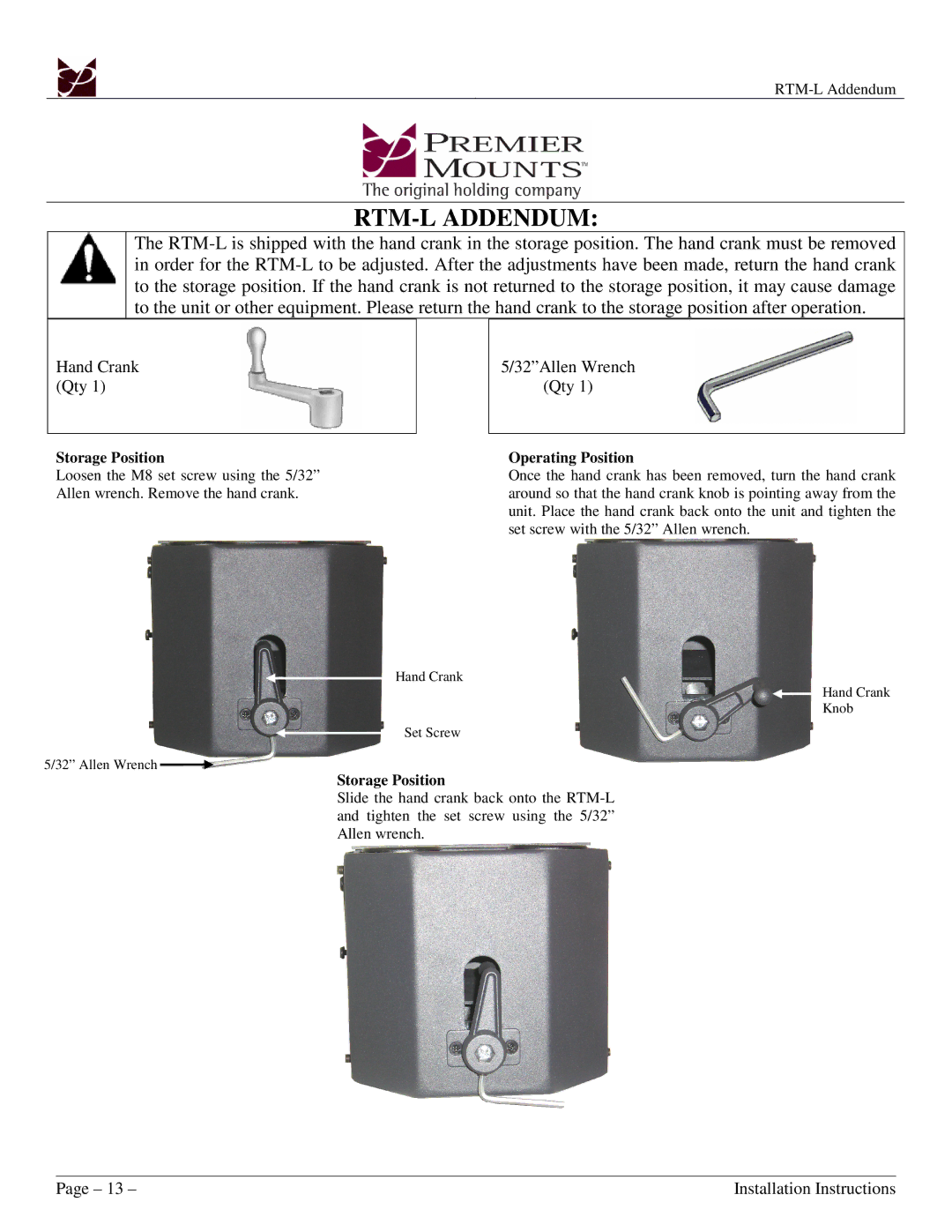 Premier Mounts PSD-BWL installation manual RTM-L Addendum 