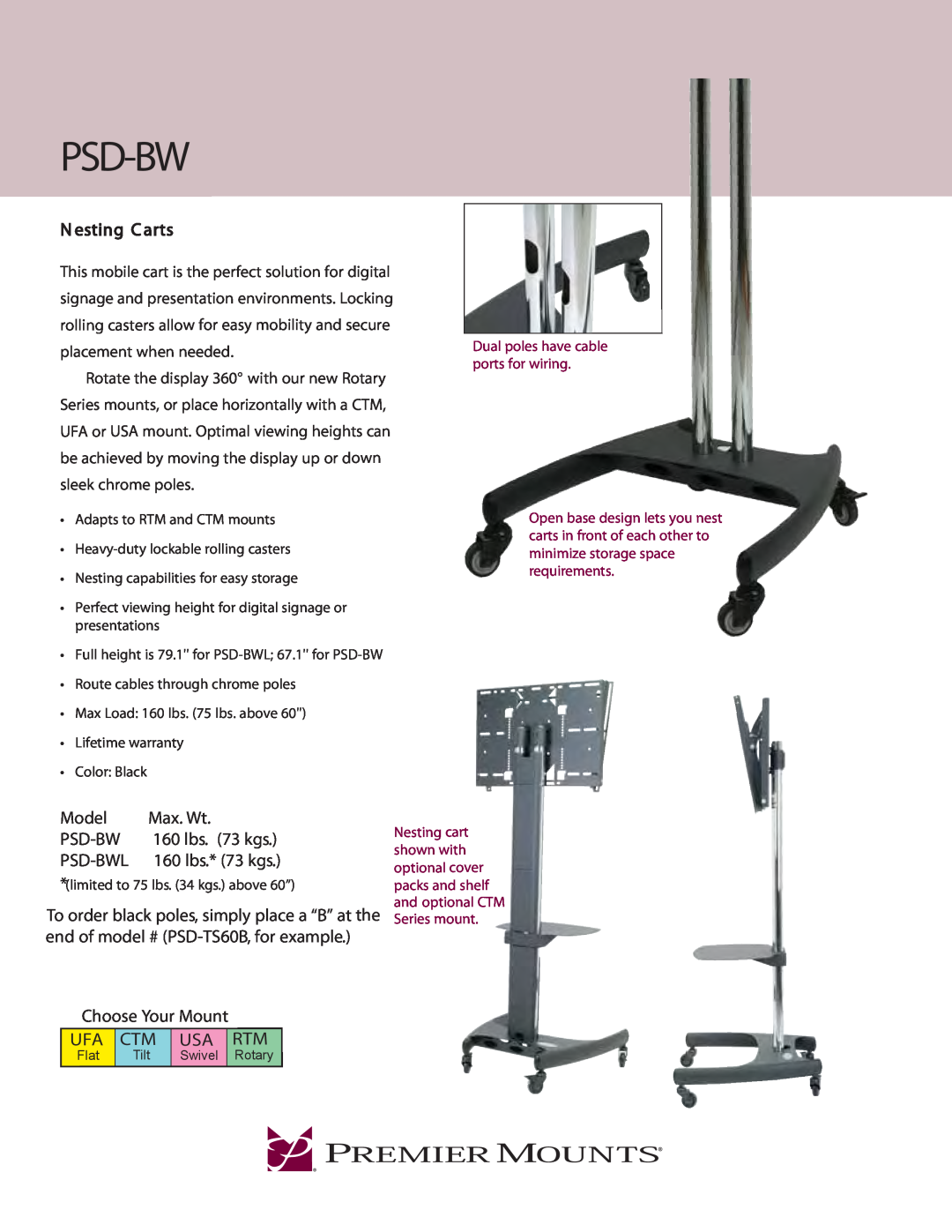 Premier Mounts PSD-BWL warranty N esting C arts, Model, Max. Wt, 160 lbs. 73 kgs, Psd-Bwl, 160 lbs.* 73 kgs 