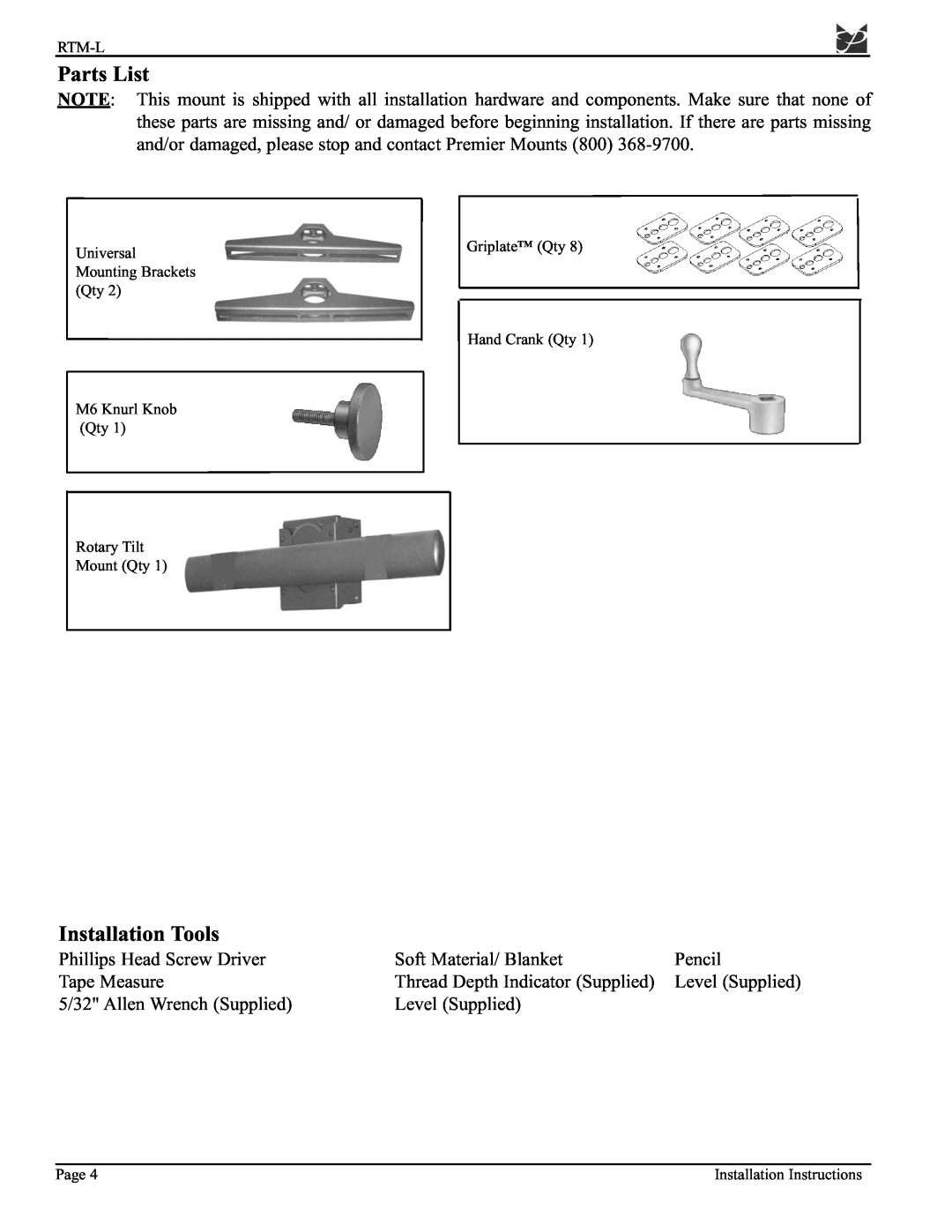Premier Mounts PSD-BWL installation manual Parts List, Installation Tools 