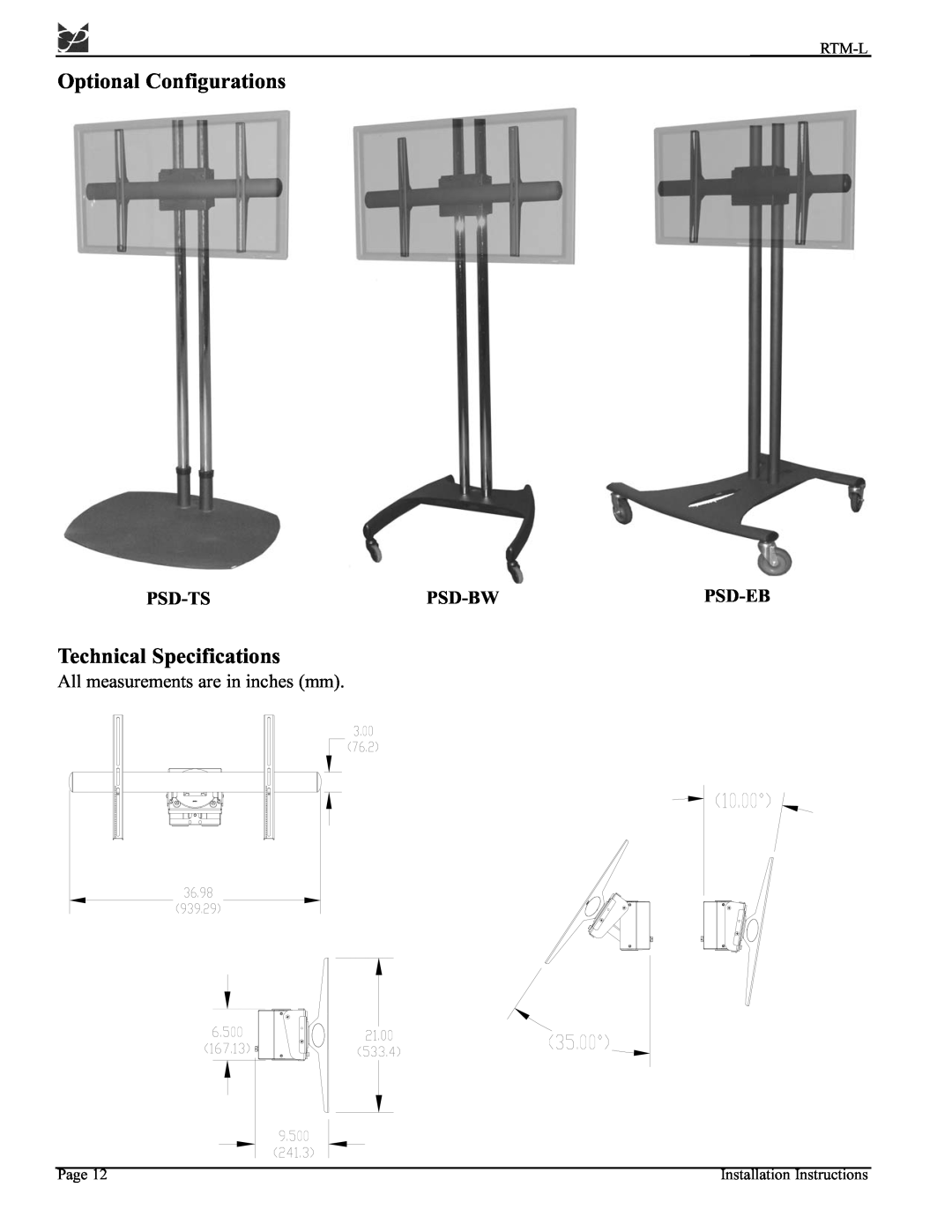 Premier Mounts PSD-BWL installation manual Optional Configurations, Technical Specifications, Psd-Ts, Psd-Bw, Psd-Eb 