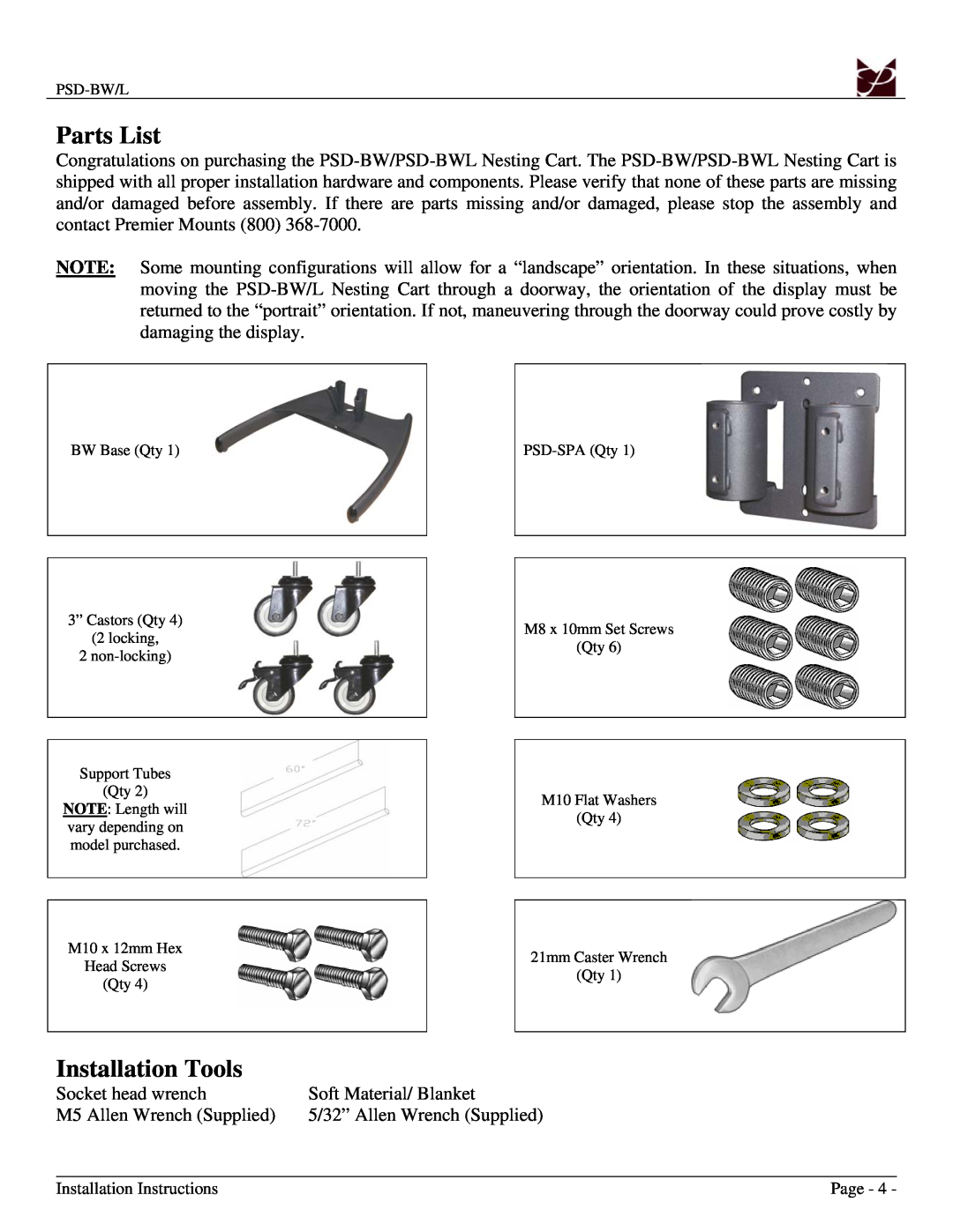 Premier Mounts PSD-BWL installation manual Parts List, Installation Tools 