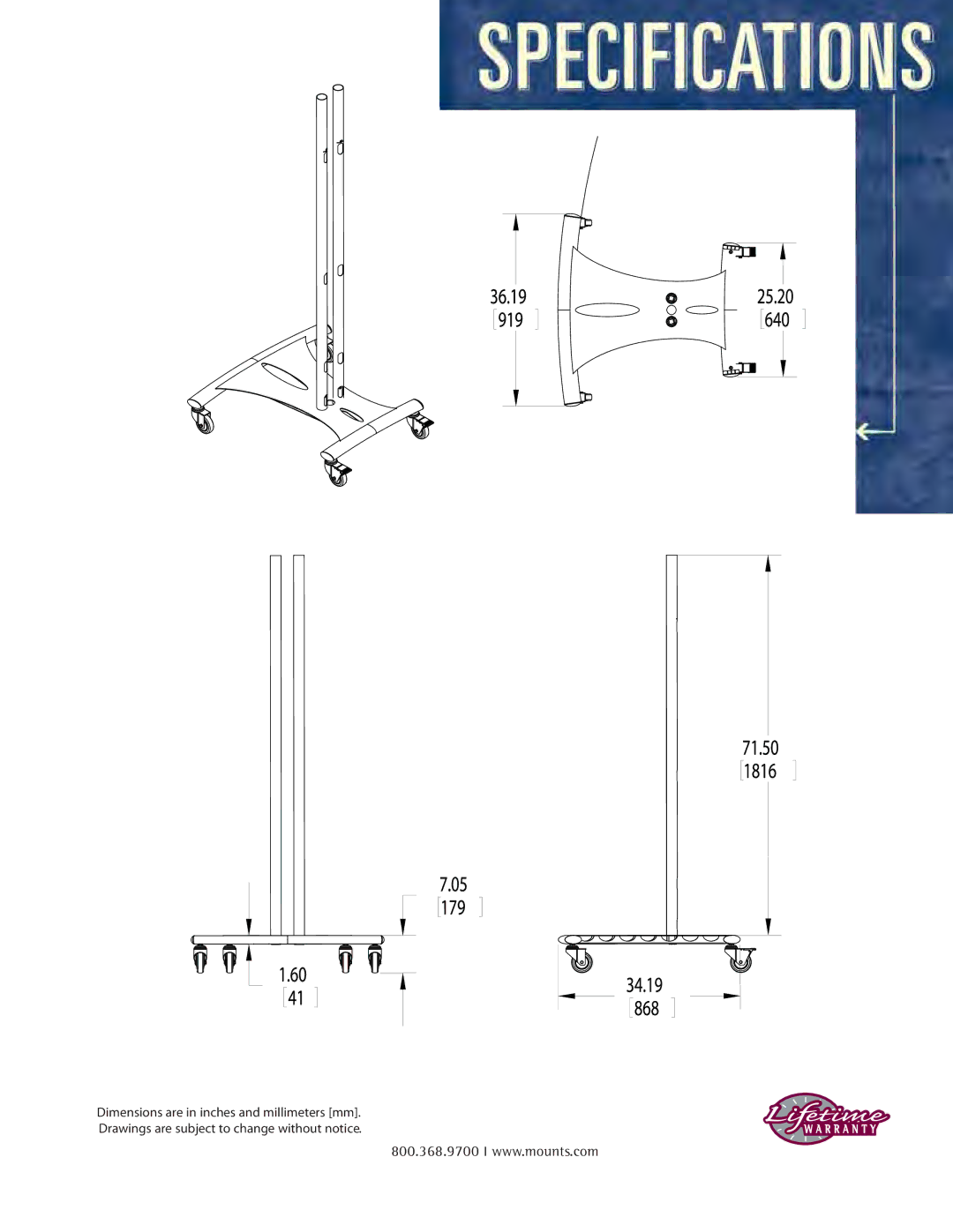 Premier Mounts PSD-EB72C, PSD-EB84, PSD-EB60C warranty 800.368.9700 