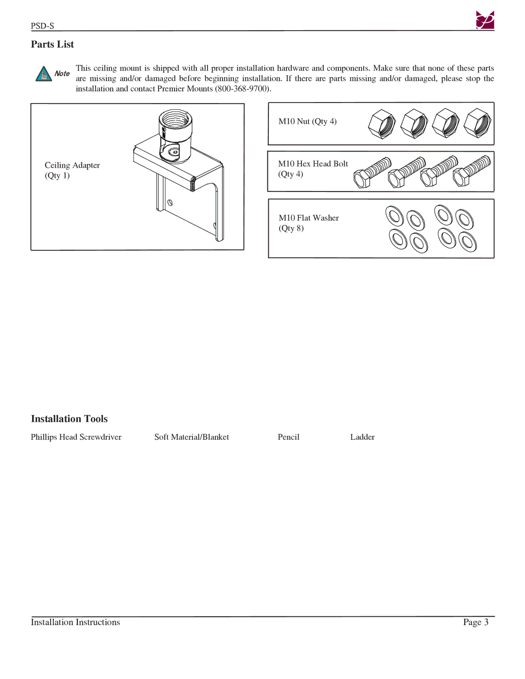 Premier Mounts PSD-S installation instructions Parts List, Installation Tools 